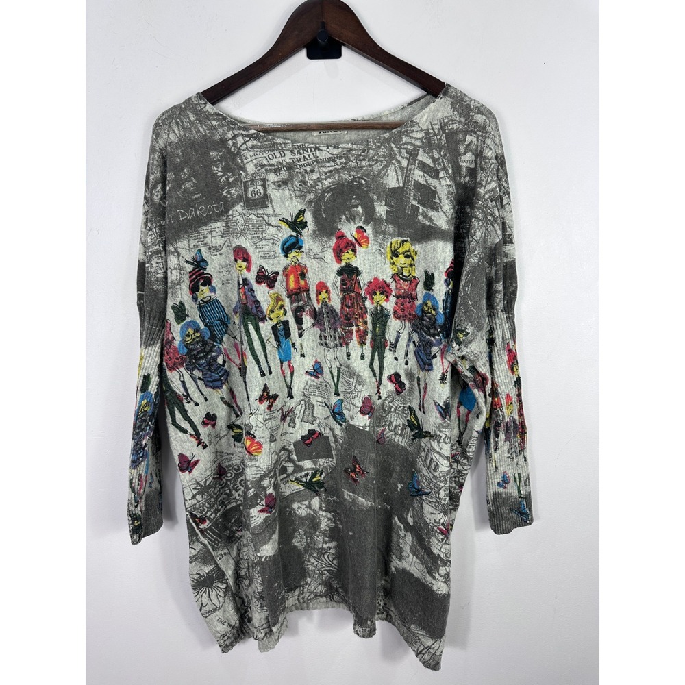 Xikoi Graphic Knit Sweater Women OS Grey Butterfly Art Oversized Dolman Pullover